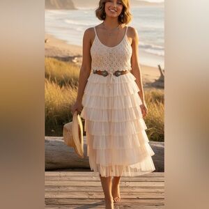 J Gee Crochet and Tulle Mesh Tiered Ruffle Dress Sz 3XL Western Beachy Fairycore